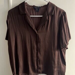 Rachel Roy Chocolate Brown Short Sleeve Satin Blouse